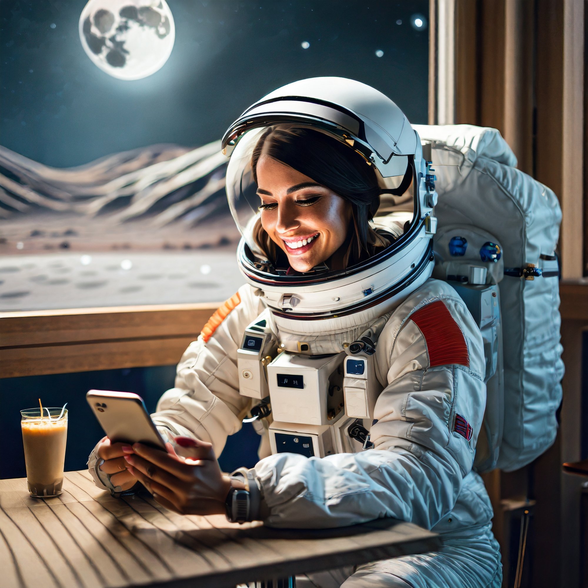 Firefly A female astronaut using a smartphone and smiling, sat in a cafeteria in Moon; lunar landsca