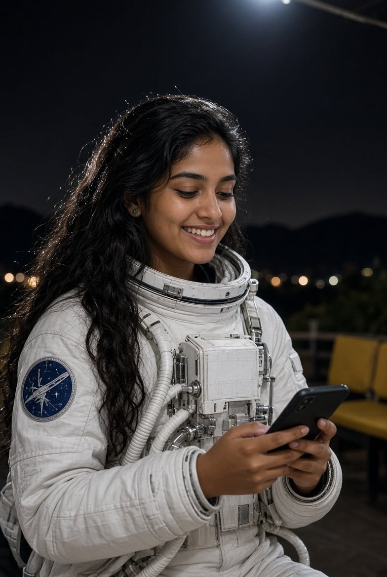 astronauta utilizando celular em uma cafeteria