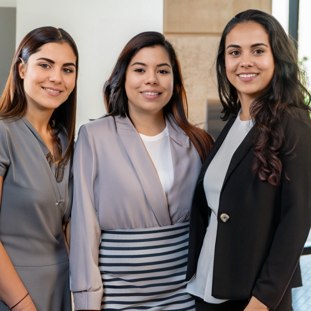 Three women dressed in business attire smile as they look at the camera