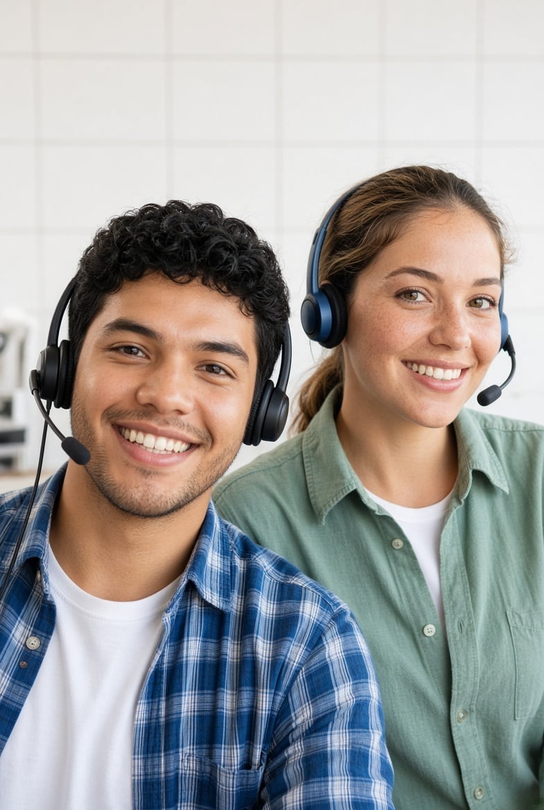 Homem e mulher usando headsets sorriem para a câmera